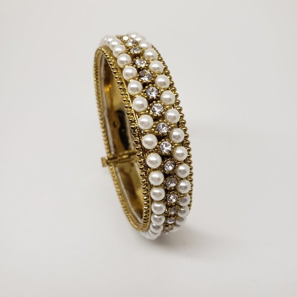 Faux Pearl and CZ Statement Bracelet with Screw Opening/Closure - Picture 6 of 6